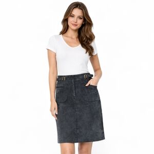 IMITZ 100% Suede Leather Skirt Size 40 Gray Belted A-Line Midi Made in Lithuania